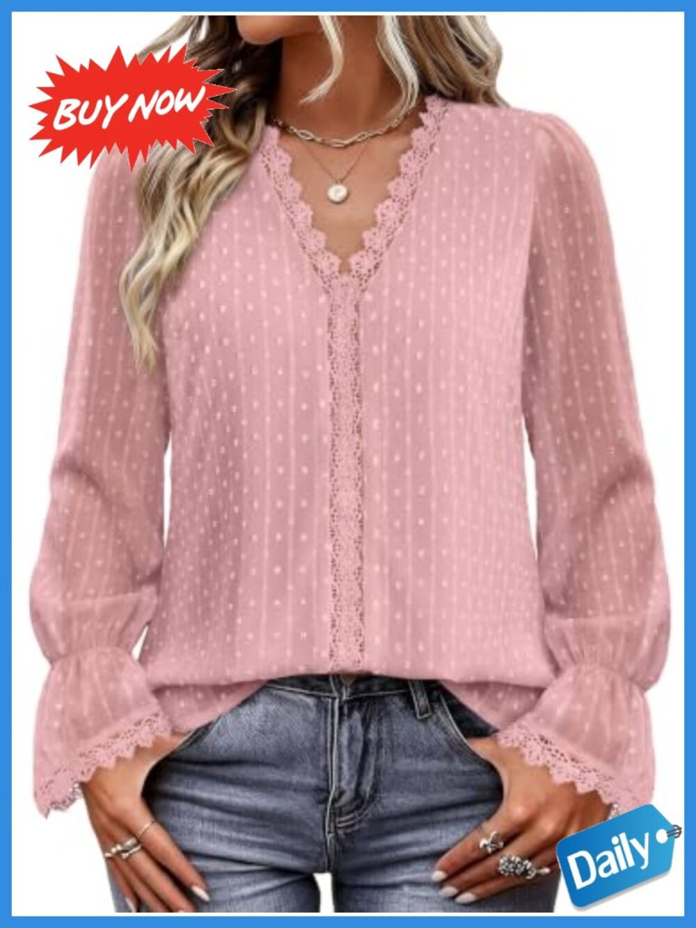 Boho V Neck Long Sleeve Blouse with Crochet Lace